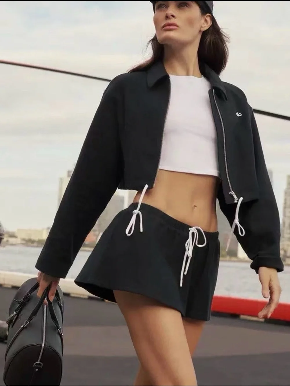 ALO Yoga Black Cropped Jacket and Skirt Set with White Drawstrings